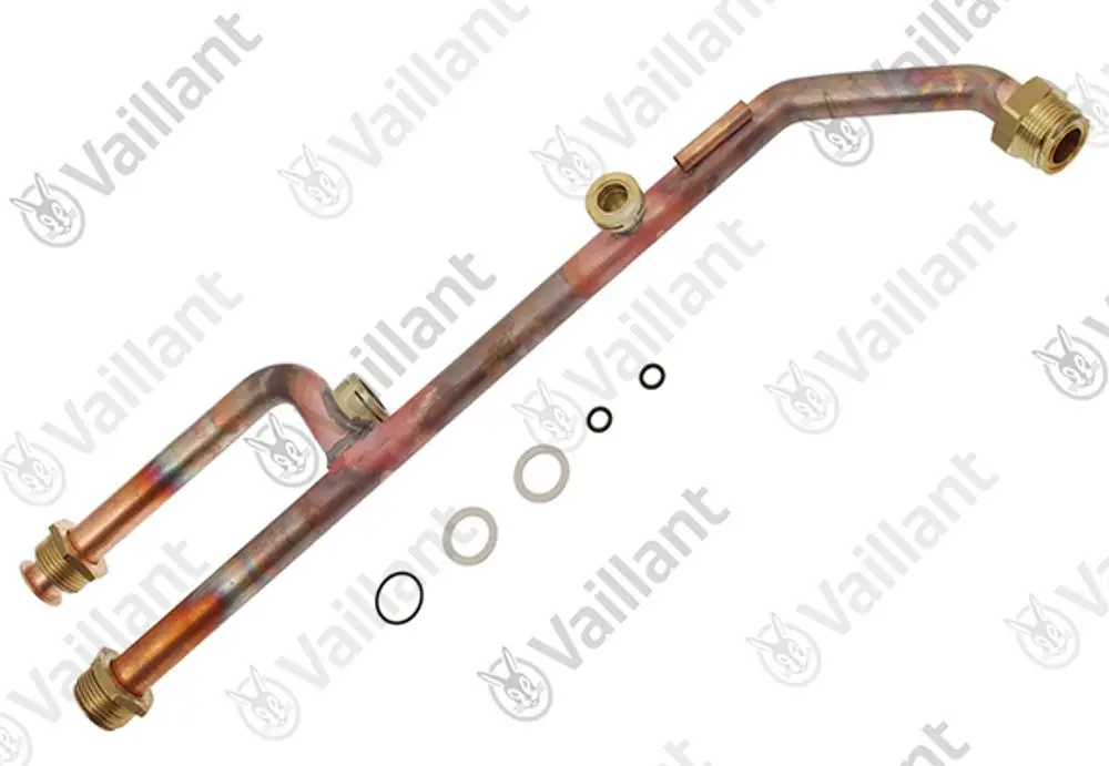 Vaillant Rohr mit mehreren Anschlüssen und Dichtungen, geeignet für Heizungssysteme. Rohrverlauf zeigt eine gebogene Form.